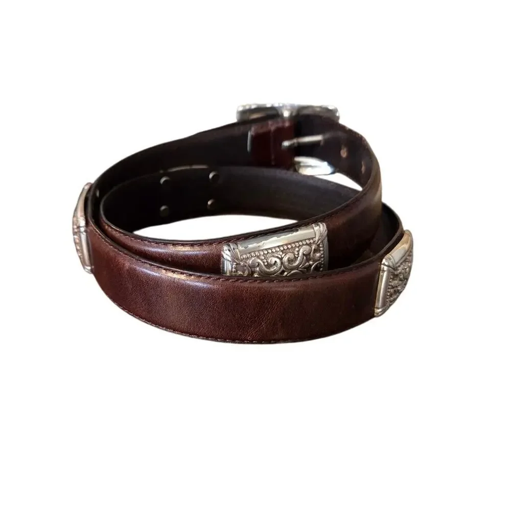Fossil leather brown belt silver toned square buckle embellishments western M